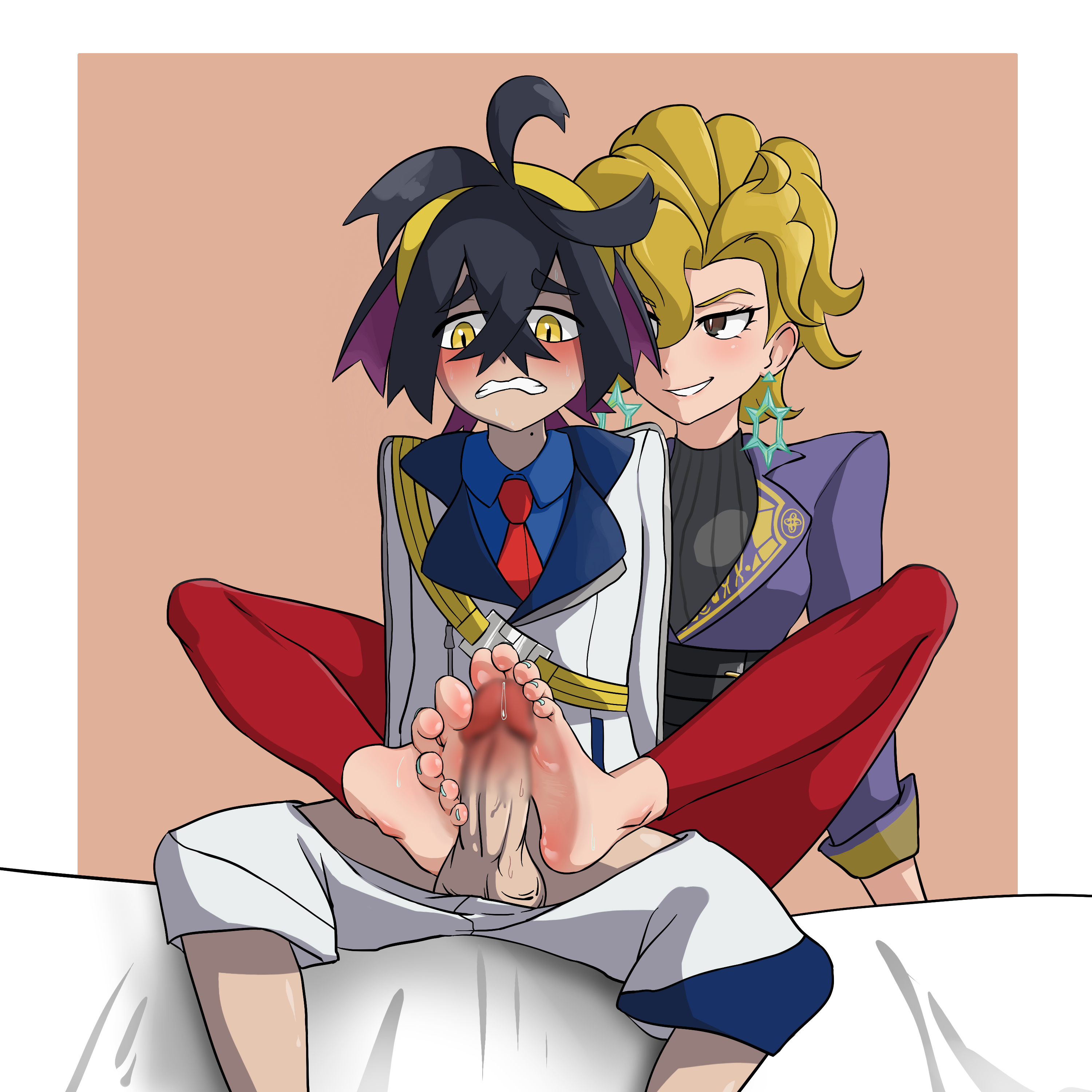 qin223, briar (pokemon), kieran (pokemon), nintendo, pokemon, pokemon sv, absurdres, commentary request, highres, 1boy, 1girl, barefoot, black hair, blonde hair, blue shirt, blur censor, blush, bright pupils, brown eyes, censored, clenched teeth, clothes pull, collared shirt, colored inner hair, crossed bangs, earrings, eyelashes, footjob, footjob from behind, grin, hair between eyes, hairband, hetero, jacket, jewelry, mole, mole on neck, multicolored hair, nail polish, necktie, pants, penis, purple jacket, red necktie, red pants, ribbed shirt, shirt, short hair, shorts, shorts pull, sitting, smile, teeth, testicles, toenail polish, toenails, toes, two-footed footjob, white jacket, white shorts, yellow eyes, yellow hairband