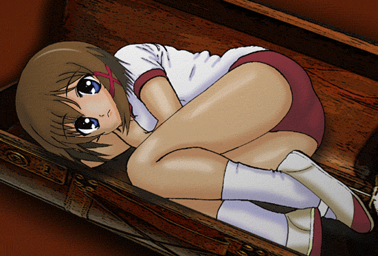 yagami hayate, lyrical nanoha, mahou shoujo lyrical nanoha, mahou shoujo lyrical nanoha a's, animated, animated gif, 00s, 1girl, blue eyes, box, brown hair, buruma, child, gym uniform, in box, in container