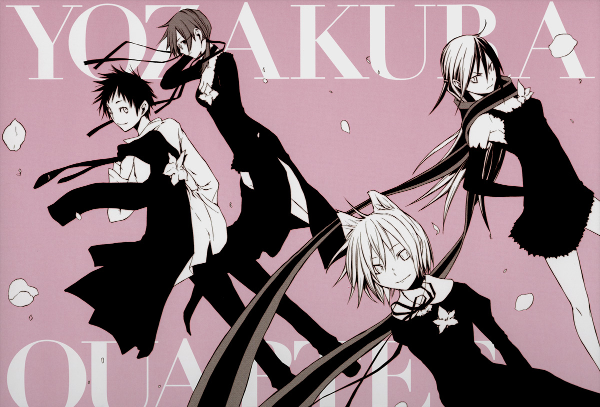 yasuda suzuhito, hiizumi akina, isone kotoha, nanami ao, yarizakura hime, yozakura quartet, official art, 1boy, 3girls, animal ears, cat ears, dress, flower, formal clothes, glasses, monochrome, multiple girls, necktie, petals, pink background, pink theme, scarf, suit, twintails
