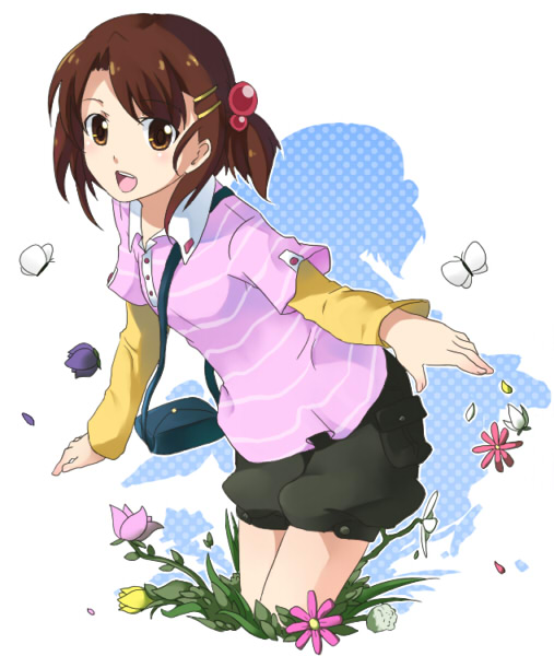 riru, original, striped, bad id, bad pixiv id, bag, brown eyes, brown hair, bug, butterfly, flower, hair bobbles, hair ornament, short hair, shorts, side ponytail