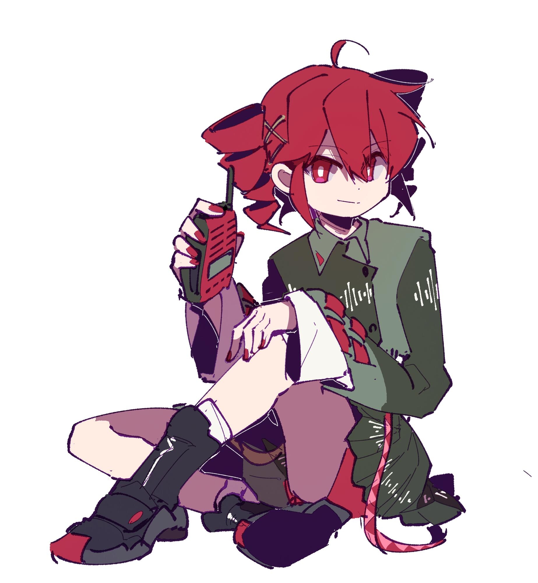 jiu (jiu076), kasane teto, kasane teto (voicepeak), utau, voicepeak, highres, 1girl, ahoge, black shoes, black socks, bright pupils, closed mouth, drill hair, grey jacket, grey skirt, hair ornament, holding, holding walkie-talkie, jacket, knee up, long sleeves, looking at viewer, red eyes, red hair, red nails, red shorts, shoes, short hair, shorts, sidelocks, simple background, sitting, skirt, socks, solo, twin drills, walkie-talkie, white background, white pupils, x hair ornament