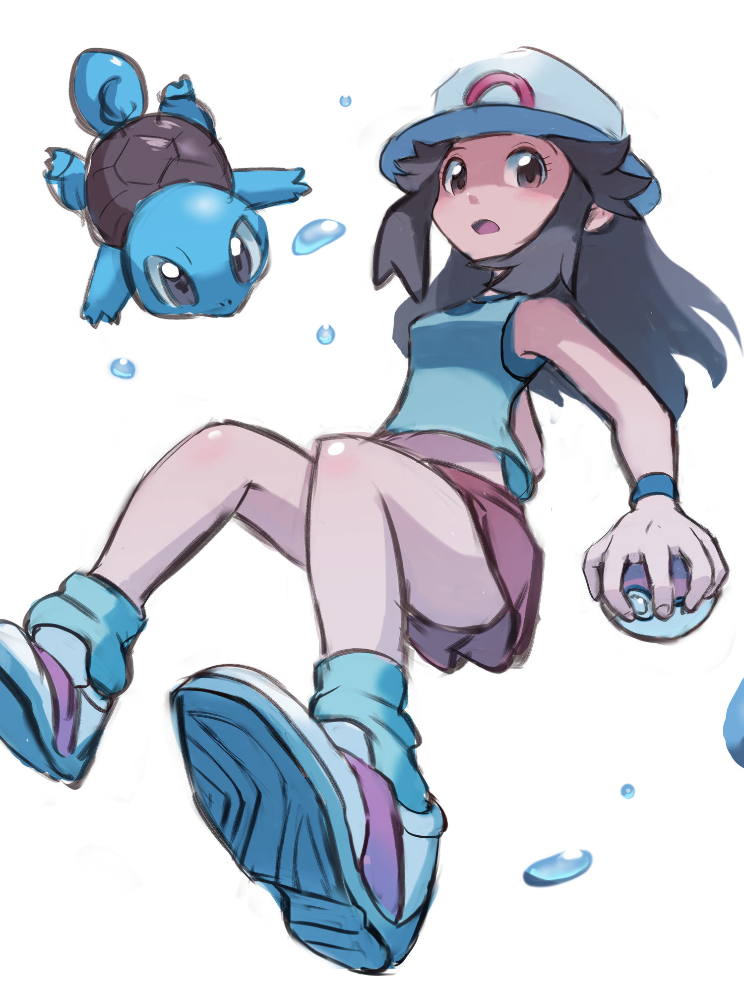 braindead (html6), leaf (pokemon), squirtle, nintendo, pokemon, pokemon frlg, commentary request, highres, 1girl, brown eyes, brown hair, eyelashes, gen 1 pokemon, hat, holding, holding poke ball, long hair, open mouth, poke ball, poke ball (basic), pokemon (creature), red skirt, shirt, shoes, sidelocks, skirt, sleeveless, sleeveless shirt, socks, tongue, water drop, white background, wristband