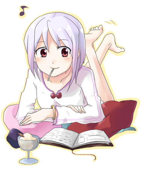 riru, original, bad id, bad pixiv id, 1girl, artistic error, bad feet, barefoot, book, collarbone, feet, female focus, food, ice cream, long sleeves, lying, mouth hold, musical note, open book, pillow, quaver, reading, red eyes, short hair, solo, toe scrunch, toes, wrong foot