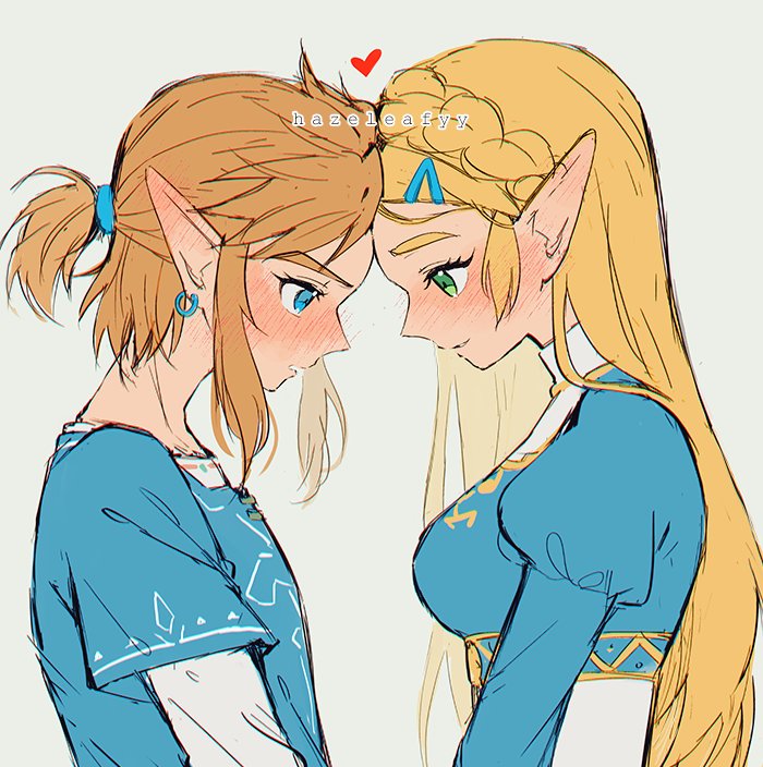 hazeleafyy, link, princess zelda, nintendo, the legend of zelda, the legend of zelda: breath of the wild, commentary, english commentary, 1boy, 1girl, artist name, blonde hair, blue eyes, blue shirt, blush, braid, crown braid, eye contact, forehead-to-forehead, from side, green eyes, grey background, hair ornament, hairclip, heads together, heart, height difference, long hair, looking at another, pointy ears, ponytail, profile, shirt, short ponytail, simple background, smile