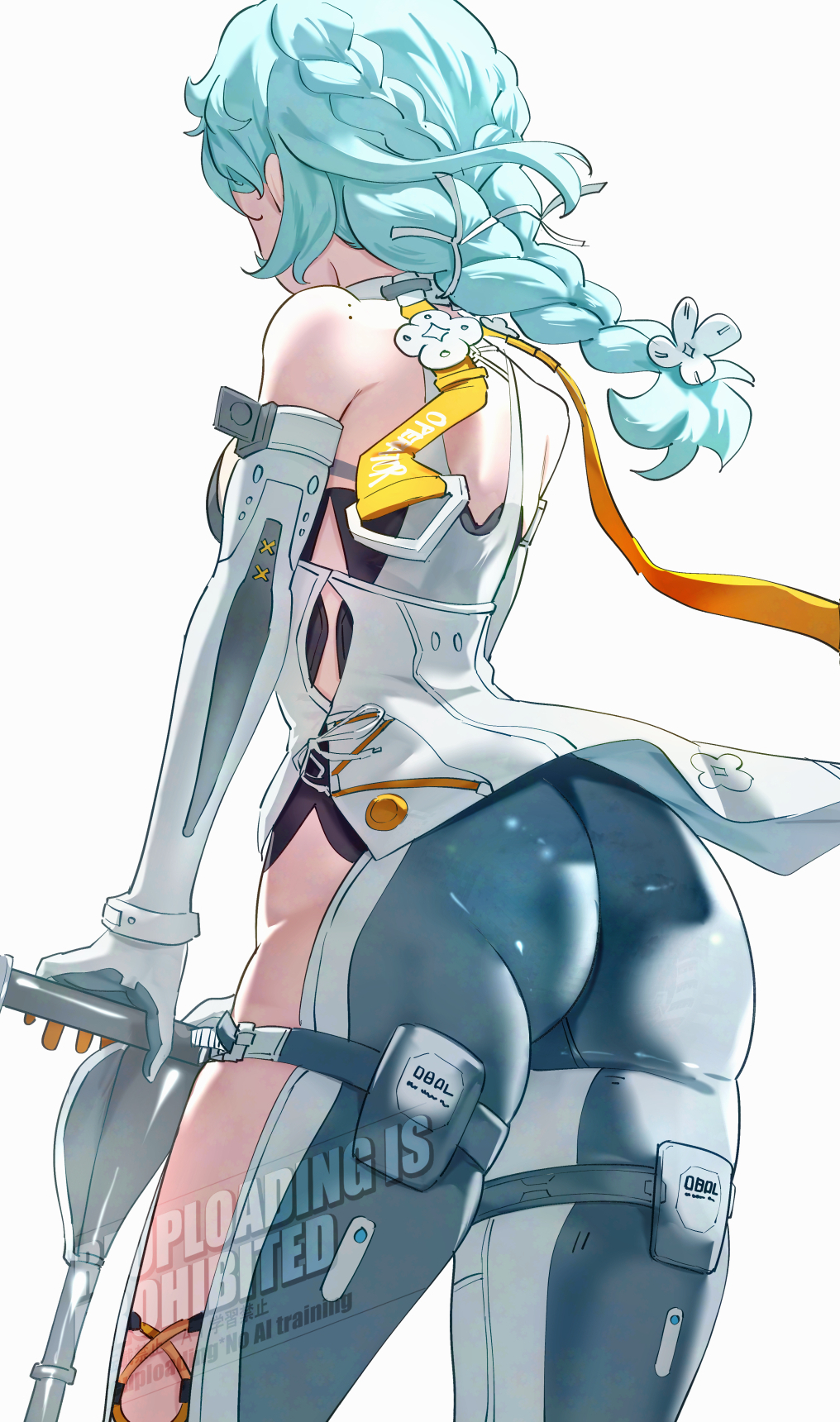 uenoryoma, seed (zenless zone zero), zenless zone zero, commentary, highres, 1girl, back, braid, braided ponytail, elbow gloves, from behind, gloves, grey background, medium hair, mole, mole on shoulder, simple background, solo, standing, white gloves