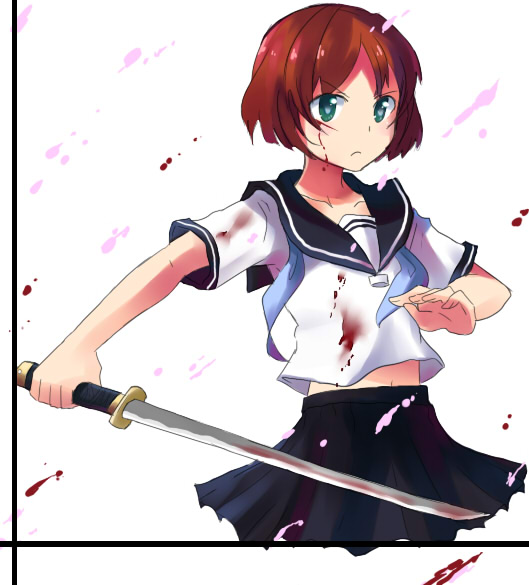riru, original, bad id, bad pixiv id, blood, green eyes, katana, red hair, school uniform, serafuku, short hair, solo, sword, weapon