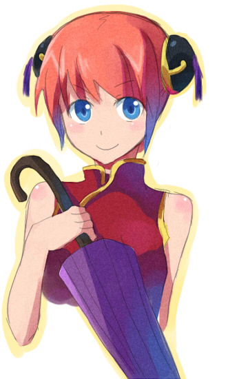 riru, kagura (gintama), gintama, bad id, bad pixiv id, 00s, blue eyes, bun cover, china dress, chinese clothes, double bun, dress, red hair, short hair, smile, umbrella