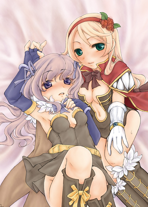 natsuno sun, alchemist (ragnarok online), creator (ragnarok online), ragnarok online, artist collaboration, commentary request, 2girls, aries end, armpits, back cover, blonde hair, blue gloves, blush, boots, bow, bowtie, breasts, brown boots, brown bow, brown bowtie, brown cape, brown dress, cape, cleavage, cover, dress, elbow gloves, feet out of frame, fingerless gloves, flower, fur-trimmed boots, fur collar, fur trim, gloves, green eyes, hair flower, hair ornament, hairband, long hair, looking at viewer, lying, medium breasts, multiple girls, on back, open mouth, plunging neckline, purple eyes, purple hair, ragfes, red cape, red flower, red hairband, short dress, small breasts, strapless, strapless dress, white gloves