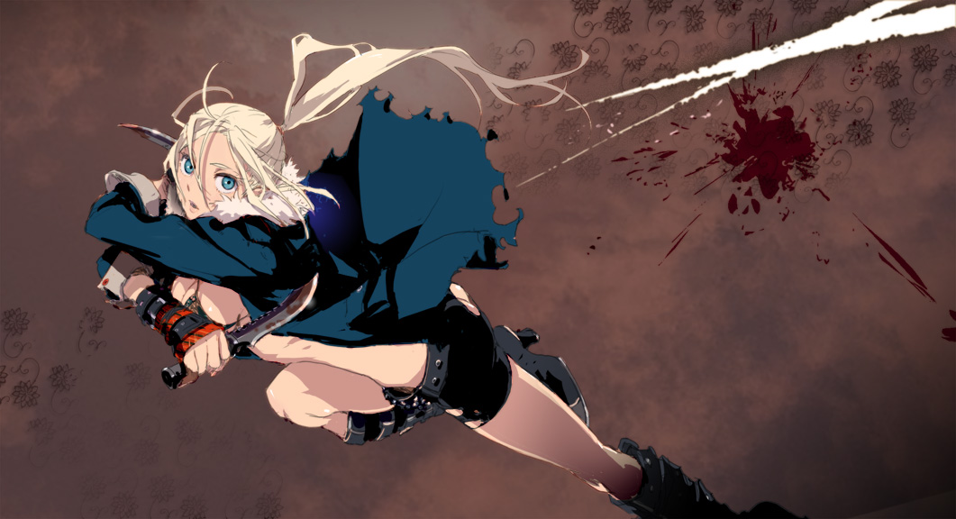 mebae, confidential assassination troop, 1girl, blonde hair, blood, boots, female focus, knife, long hair, ponytail, shorts, solo