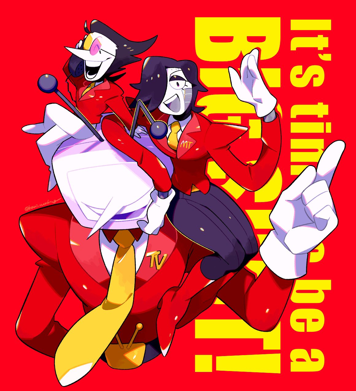 kanianoreki, ant tenna, mettaton, mettaton ex, spamton g. spamton, deltarune, undertale, utdr (toby fox), highres, 3boys, ant tenna (cosplay), arm up, belt buckle, black hair, black pants, buckle, closed eyes, collared shirt, colored skin, corded phone, cosplay, crt, gloves, heterochromatic eyewear, holding, holding phone, humanoid robot, jacket, long nose, male focus, multiple boys, necktie, object head, pants, phone, pointy nose, radio antenna, red background, red jacket, robot, shirt, short hair, sitting, sitting on head, sitting on person, sitting on shoulder, size difference, smile, teeth, tinted eyewear, white gloves, white shirt, white skin, yellow necktie