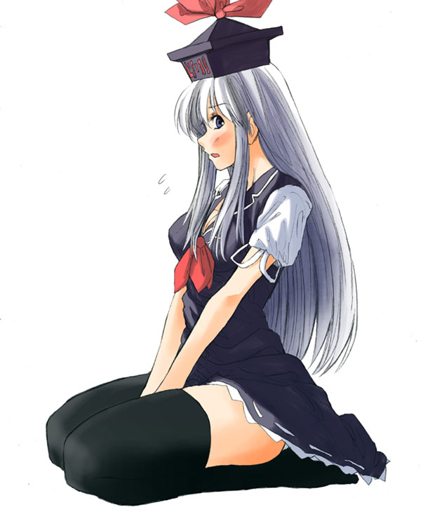 bonkara (sokuseki maou), kamishirasawa keine, touhou, bad id, bad pixiv id, 1girl, black thighhighs, blush, feet, female focus, hat, long hair, ribbon, seiza, sitting, solo, thighhighs