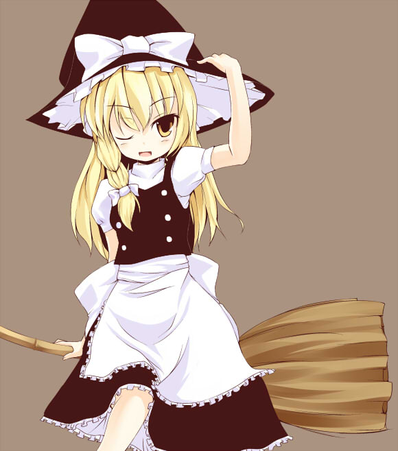 kuro (be ok), kirisame marisa, touhou, bad id, bad pixiv id, 1girl, blonde hair, broom, broom riding, female focus, hat, long hair, ribbon, solo, witch, witch hat, yellow eyes