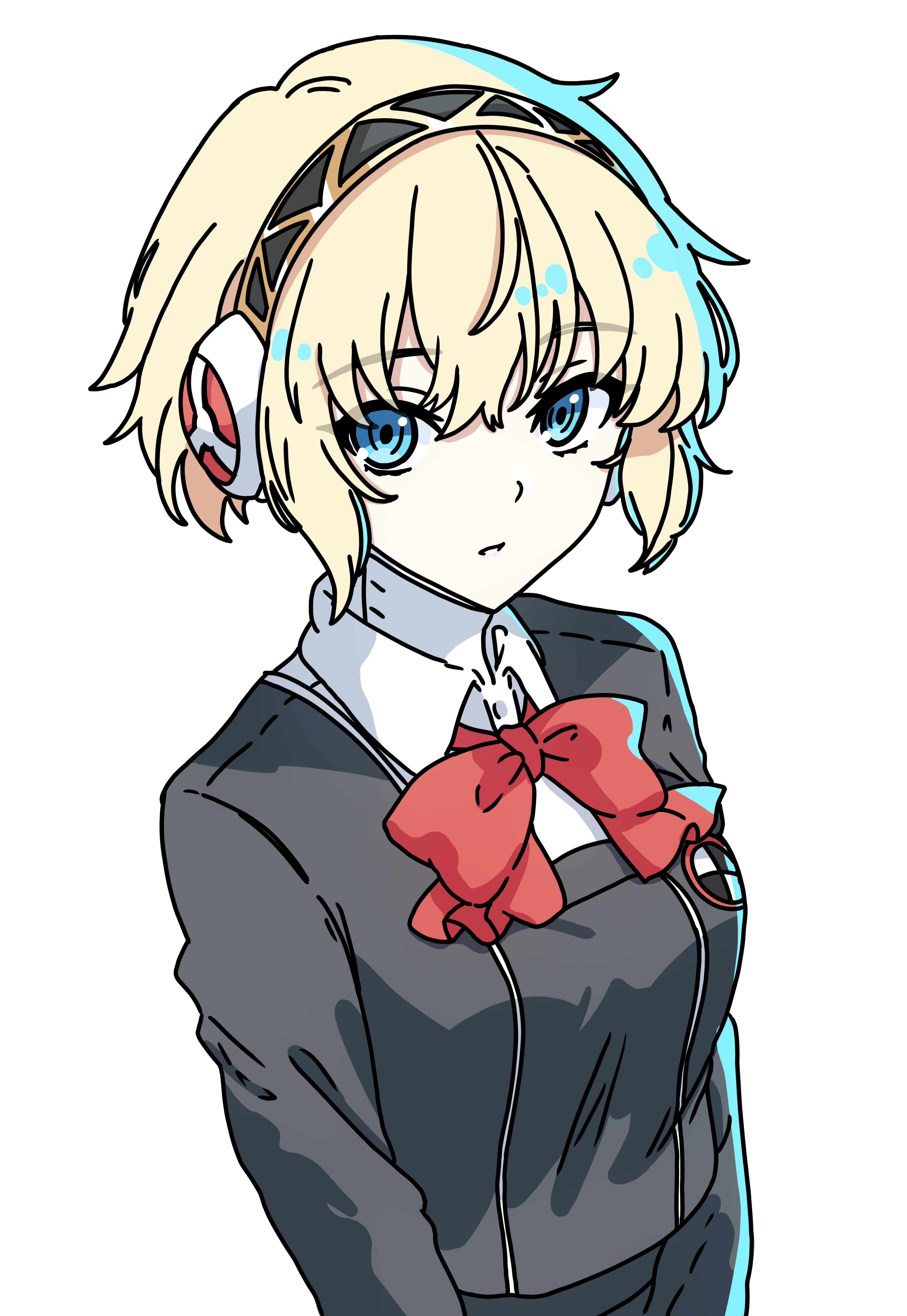 pioartstuff, aigis (persona), persona, persona 3, absurdres, highres, 1girl, black jacket, blonde hair, blue eyes, breasts, collared shirt, hair between eyes, jacket, looking at viewer, medium breasts, neck ribbon, parted lips, red ribbon, ribbon, shirt, short hair, simple background, solo, upper body, white background, white shirt