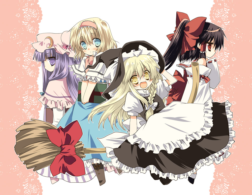 kokono coco, alice margatroid, hakurei reimu, kirisame marisa, patchouli knowledge, touhou, 4girls, black hair, blonde hair, blue eyes, book, braid, broom, broom riding, chibi, female focus, hair ribbon, hairband, hat, japanese clothes, long hair, miko, multiple girls, purple eyes, purple hair, red eyes, ribbon, short hair, white background, witch, witch hat, yellow eyes