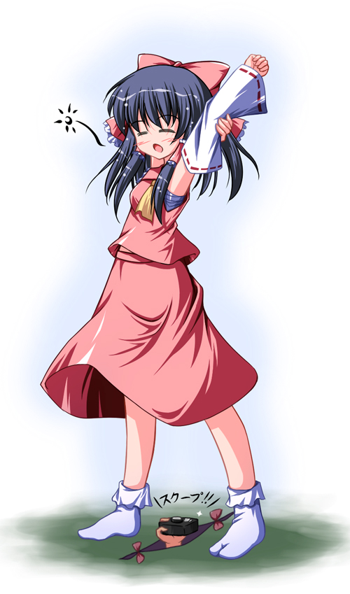 dagu, hakurei reimu, touhou, bad id, bad pixiv id, 1girl, black hair, camera, closed eyes, detached sleeves, female focus, full body, gap (touhou), gradient background, japanese clothes, miko, ribbon, short hair, skirt, sleepy, socks, solo, squeans, stretching, tabi, white background, white socks