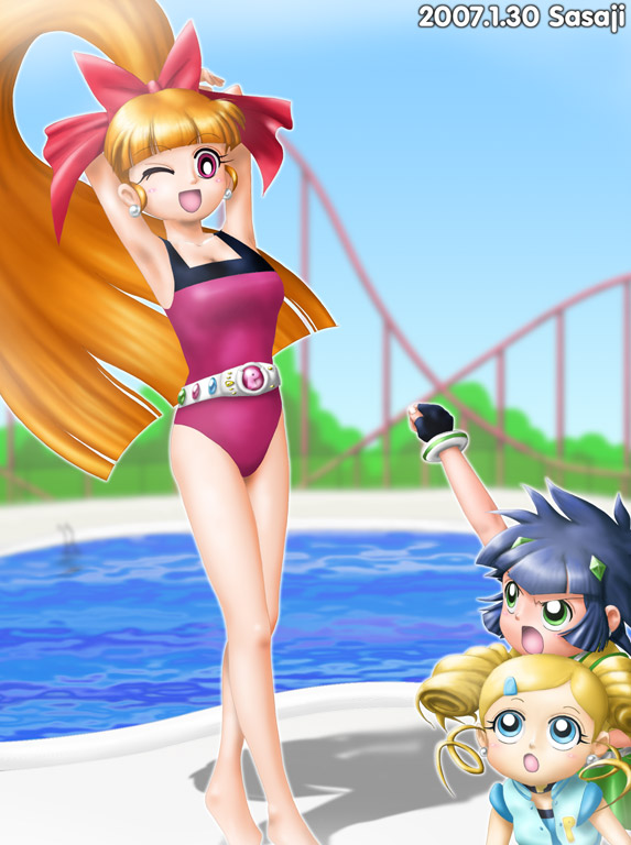 sasaji, akazutsumi momoko, goutokuji miyako, hyper blossom, matsubara kaoru, powered buttercup, rolling bubbles, powerpuff girls, powerpuff girls z, >:o, 00s, 3girls, :o, ;d, aged up, armpits, arms up, belt, blonde hair, blue eyes, bow, breasts, cleavage, dated, drill hair, earrings, green eyes, hair ornament, hairclip, jewelry, medium breasts, multiple girls, one-piece swimsuit, one eye closed, open mouth, orange hair, pool, poolside, red eyes, roller coaster, shadow, smile, standing, swimsuit, v-shaped eyebrows