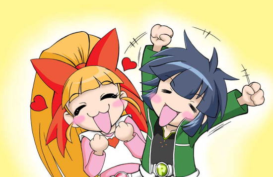 akazutsumi momoko, hyper blossom, matsubara kaoru, powered buttercup, powerpuff girls, powerpuff girls z, 00s, 2girls, :3, black hair, blush, bow, multiple girls, orange hair