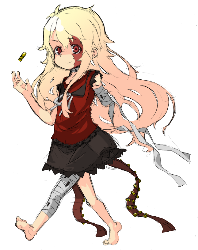 wadaichi, 1girl, amputee, bandages, barefoot, blonde hair, bullet, burn scar, female focus, freak girl, long hair, red eyes, scar, solo