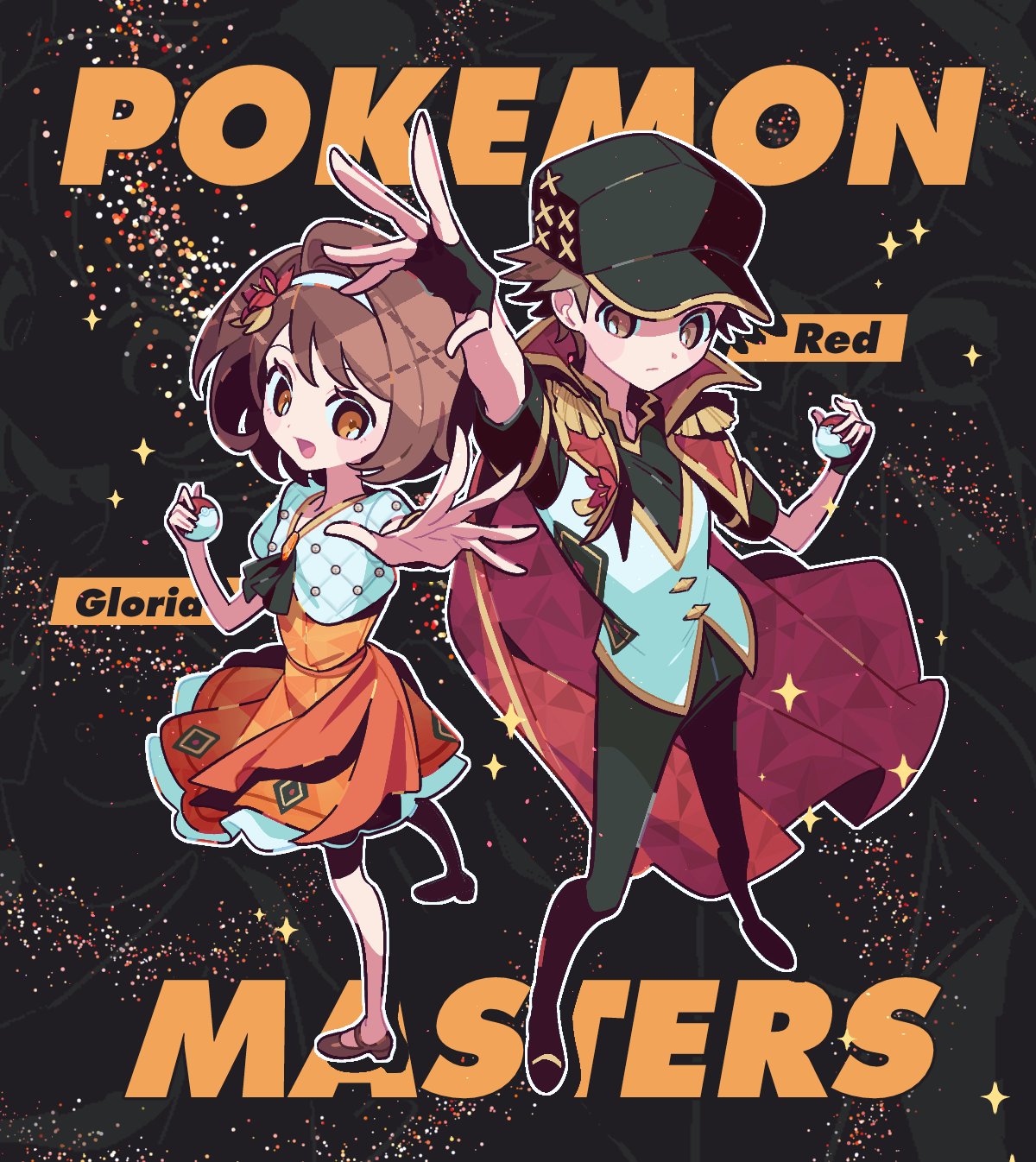 gloria (anniversary 2025) (pokemon), gloria (pokemon), red (anniversary 2025) (pokemon), red (pokemon), nintendo, pokemon, pokemon masters ex, highres, 1boy, 1girl, baseball cap, brown hair, cape, copyright name, dress, fingerless gloves, full body, gloves, hairband, hat, holding, holding poke ball, official alternate costume, orange dress, outline, outstretched arm, poke ball, poke ball (basic), red cape, sparkle, standing, white hairband, white outline, znal km