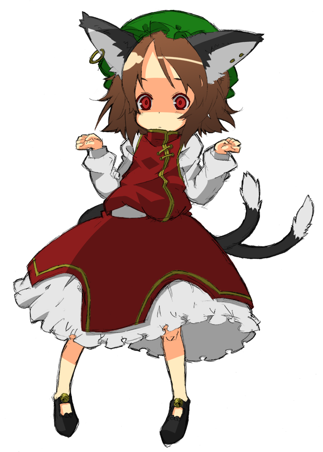 wadaichi, chen, touhou, 1girl, animal ears, brown hair, cat ears, cat girl, cat tail, earrings, female focus, full body, hat, jewelry, red eyes, simple background, skirt, solo, tail, white background