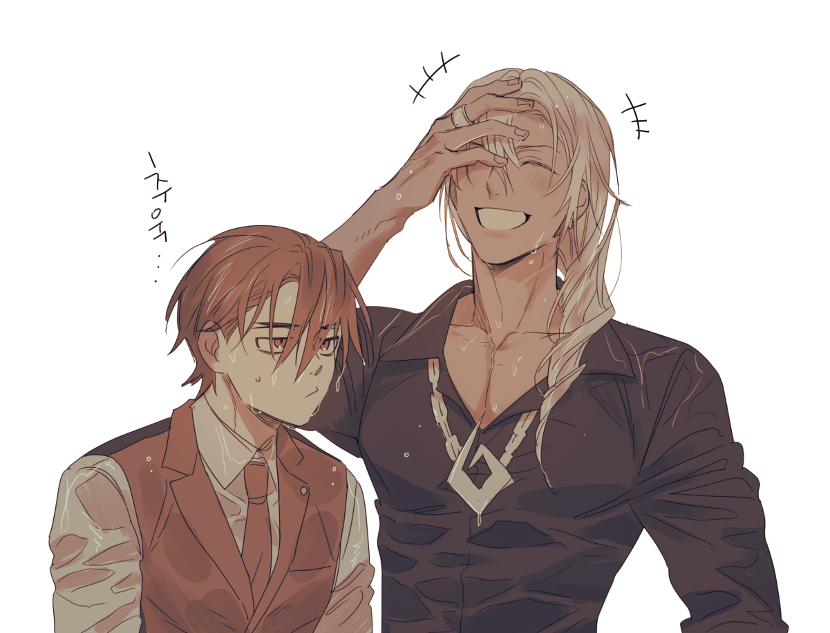 cherryekdyd, apollo justice, klavier gavin, ace attorney, apollo justice: ace attorney, korean commentary, 2boys, black shirt, blonde hair, brown hair, chain, chain necklace, closed eyes, collared shirt, drill hair, hair between eyes, hand on own face, jewelry, lapel pin, laughing, male focus, medium hair, multiple boys, necklace, necktie, red necktie, red vest, ring, shirt, short hair, simple background, small sweatdrop, smile, teeth, vest, wet, wet clothes, wet hair, white background, white shirt