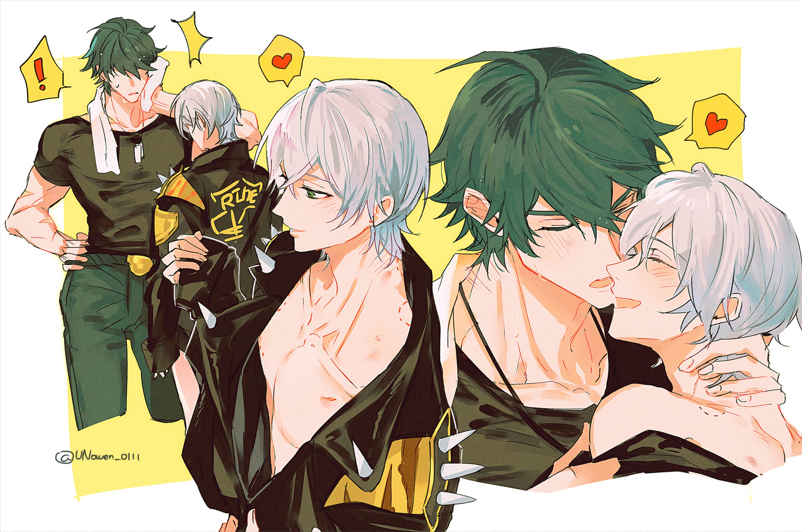 lighter (zenless zone zero), wise (zenless zone zero), zenless zone zero, highres, !, 2boys, belt, bite mark, black shirt, blush, closed eyes, dog tags, green eyes, green hair, green pants, hand on another's neck, hand on own hip, heart, jacket, leather, leather jacket, looking at another, multiple boys, muscular, muscular male, open mouth, pants, scar, scar on arm, shirt, shoulder spikes, smile, spiked jacket, spikes, towel, undressing another, unowen 0111, yaoi, yellow background