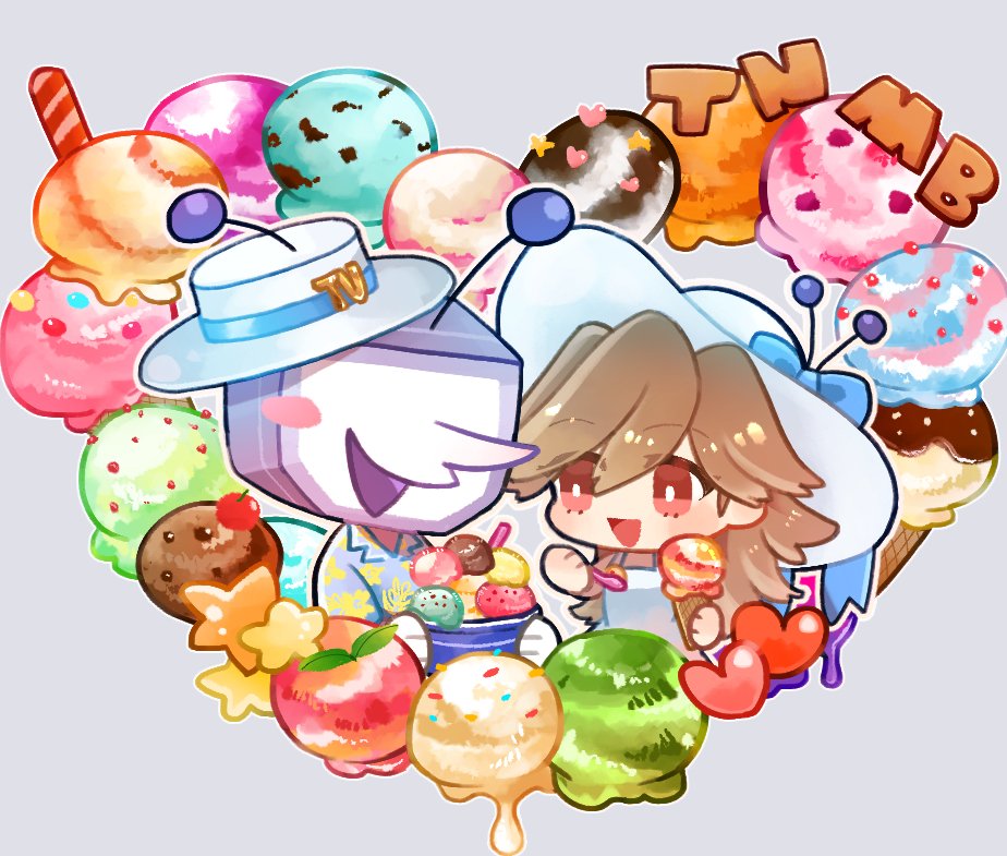 ant tenna, deltarune, original, utdr (toby fox), 1boy, 1girl, blue ribbon, blue shirt, bright pupils, brown hair, chibi, crt, dress, food, fre dddddd, grey background, hat, hawaiian shirt, holding, holding ice cream cone, holding spoon, ice cream, ice cream cone, long hair, long nose, object head, oc x canon, open mouth, pointy nose, radio antenna, red eyes, ribbon, shirt, smile, spoon, sun hat, white dress, white hat, white pupils