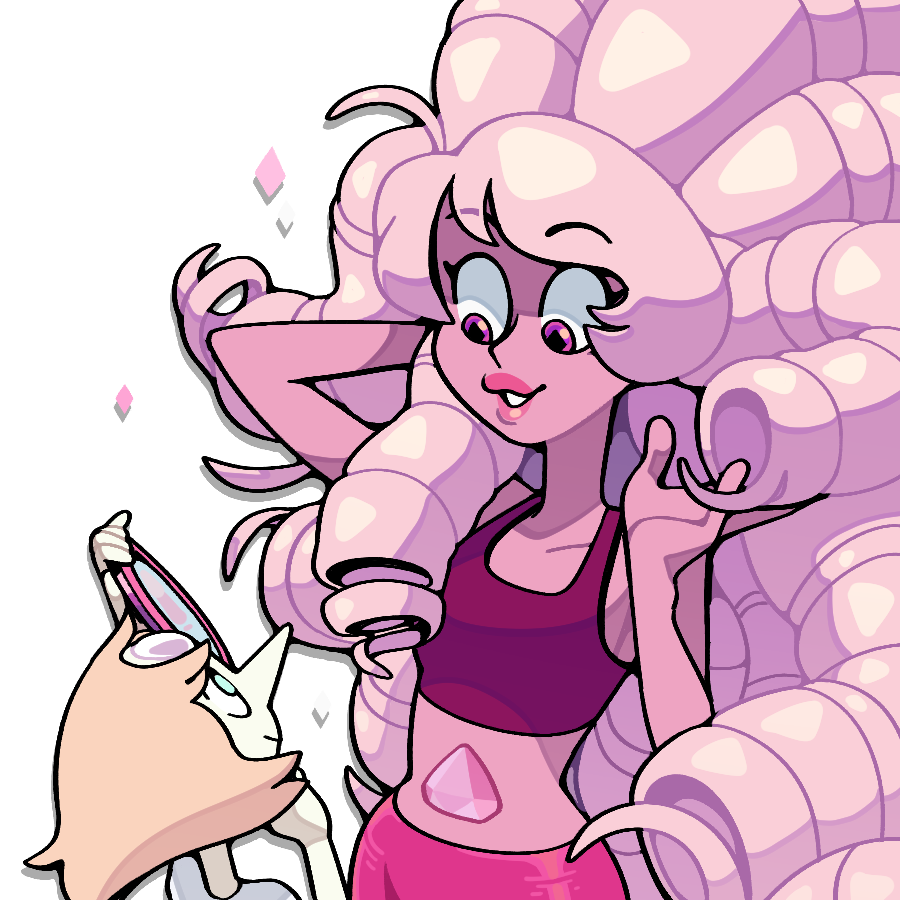discount-supervillain, pearl (steven universe), pink diamond (steven universe), rose quartz universe, steven universe, alternate costume, casual, colored skin, diamond (species) (steven universe), forehead jewel, gem, lips, long hair, multiple girls, pearl (species) (steven universe), pink hair, pink skin, ringlets, self cosplay, short hair, smile, stomach jewel