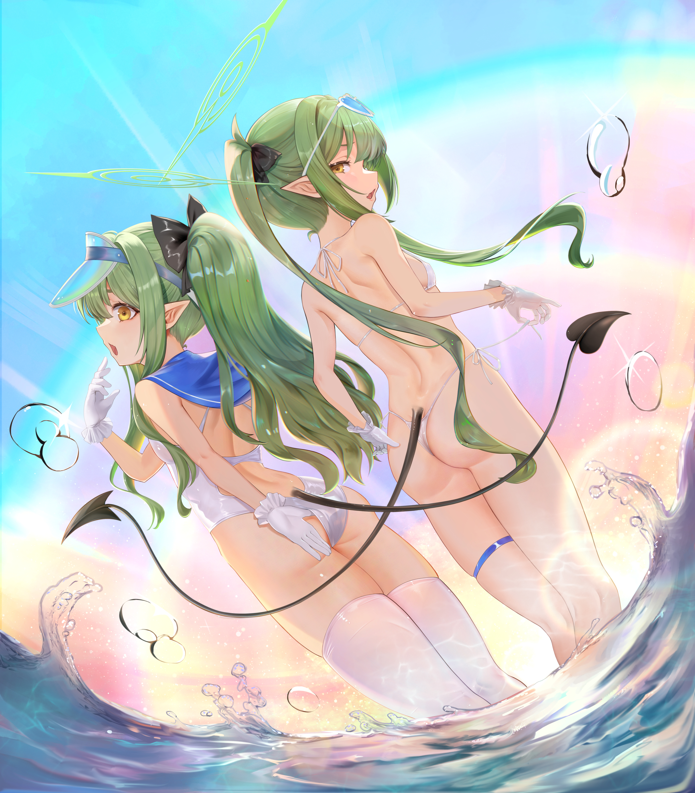 gebukoro123, hikari (blue archive), nozomi (blue archive), blue archive, absurdres, highres, 2girls, ass, bikini, blush, breasts, brown eyes, demon tail, eyebrows hidden by hair, eyewear on head, from behind, gloves, green halo, halo, hand on own ass, heart, heart tail, long hair, looking at viewer, looking back, multiple girls, ocean, one-piece swimsuit, open mouth, pointing, pointing at self, pointy ears, siblings, small breasts, sunglasses, swimsuit, tail, thigh strap, thighhighs, twins, very long hair, visor cap, white bikini, white gloves, white one-piece swimsuit, white thighhighs