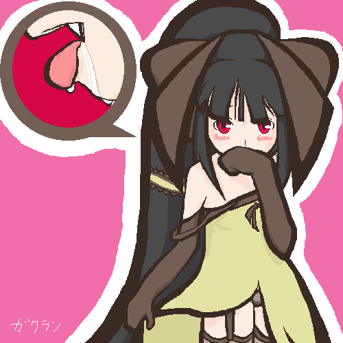 mawile, nintendo, pokemon, lowres, 1girl, black hair, costume, fang, fangs, female focus, gen 3 pokemon, personification, red eyes, saliva, solo, strap slip