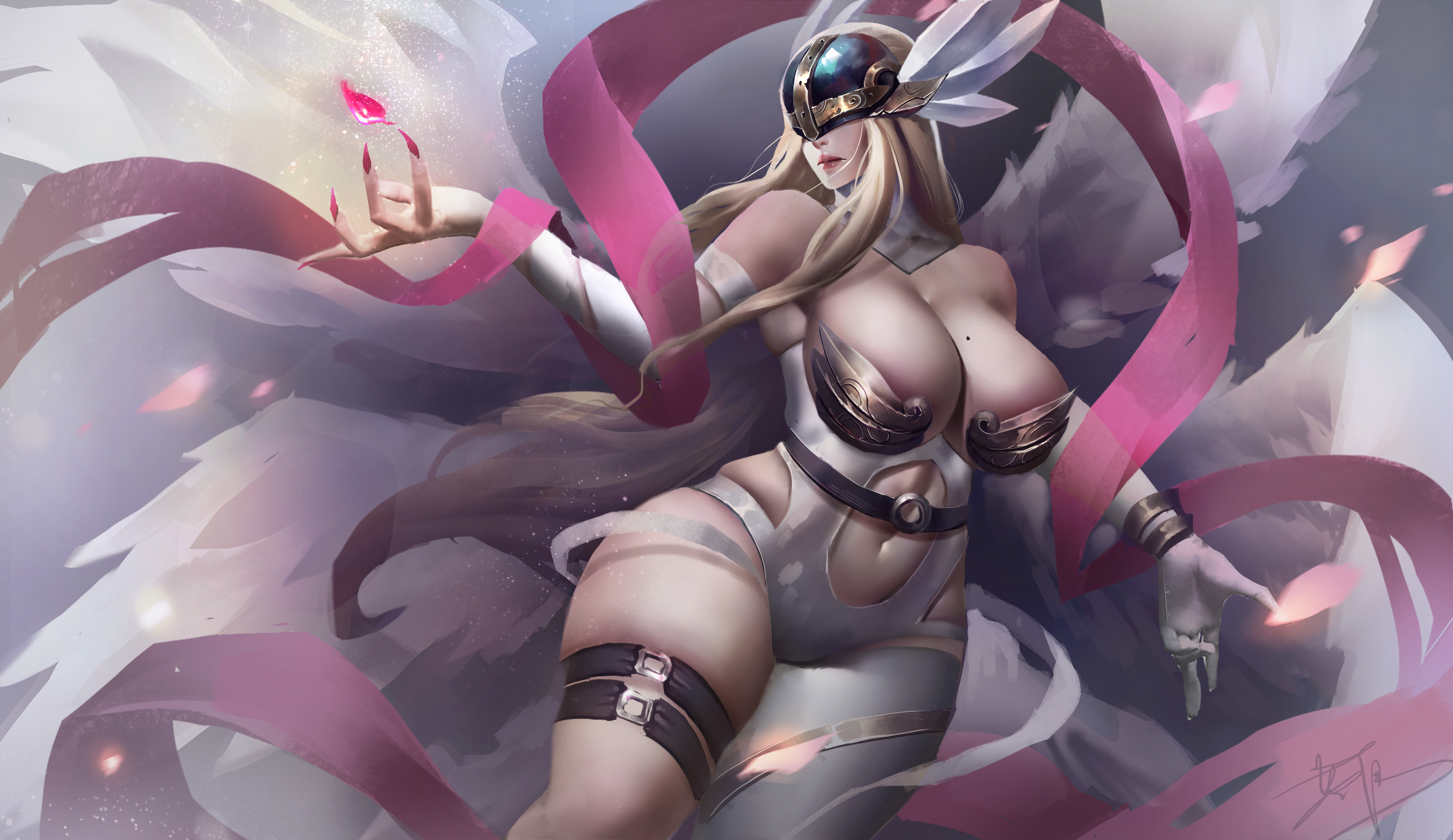 yuezoucanglan, highres, 1girl, angel wings, asymmetrical clothes, bare shoulders, blonde hair, breasts, cleavage, clothing cutout, covered eyes, curvy, digimon (creature), elbow gloves, feathered wings, gloves, hagoromo, head wings, helmet, huge breasts, large breasts, long hair, mole, mole on breast, multiple wings, navel, navel cutout, red nails, shawl, skindentation, solo, thick thighs, thigh strap, thighs, winged helmet, wings