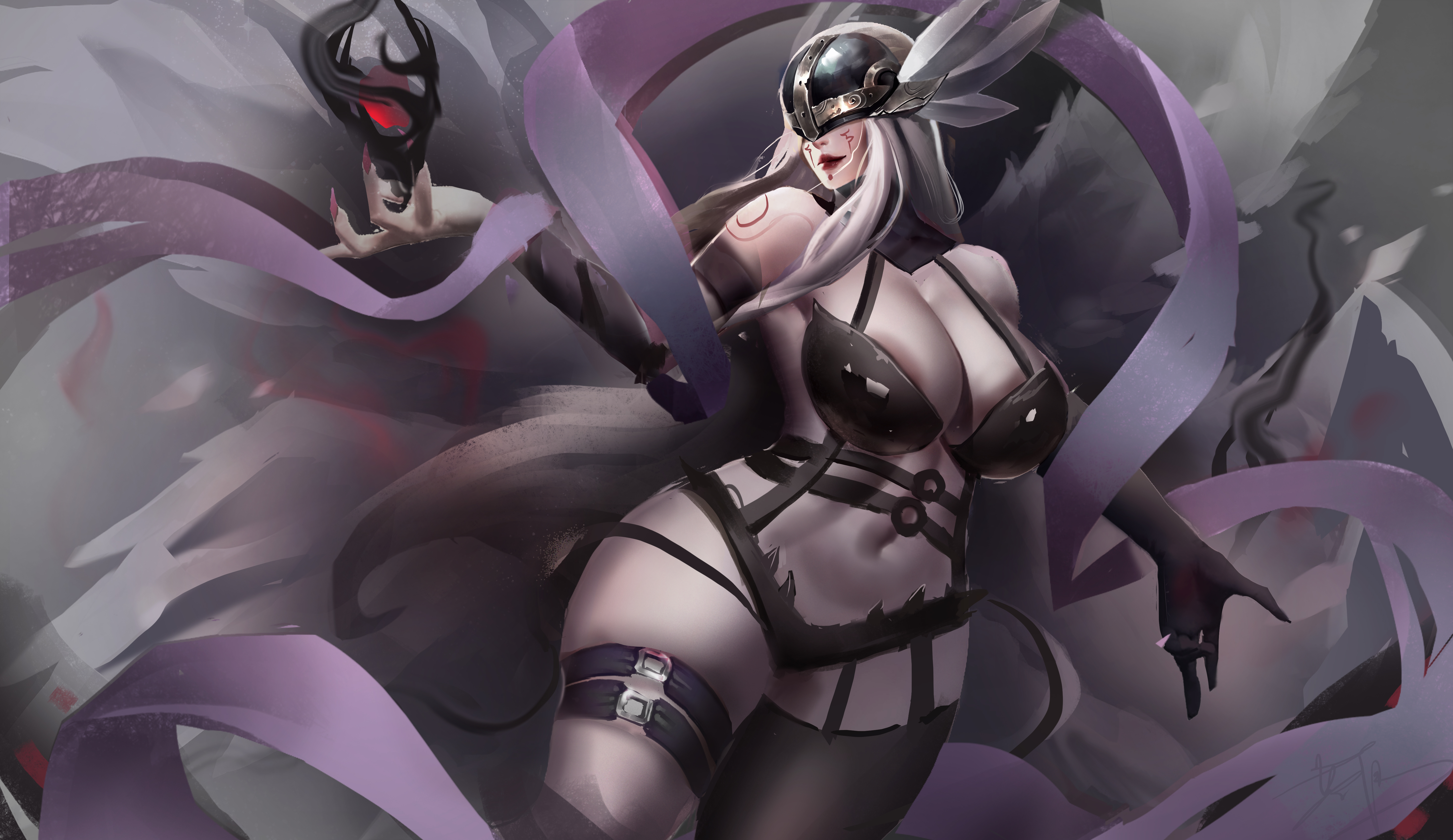 yuezoucanglan, highres, 1girl, asymmetrical clothes, asymmetrical legwear, bare shoulders, breasts, cleavage, covered eyes, curvy, digimon (creature), elbow gloves, gloves, helmet, huge breasts, large breasts, long hair, makeup, mask, navel, o-ring, pale skin, red lips, shawl, single elbow glove, single glove, single thighhigh, solo, thigh strap, thighhighs
