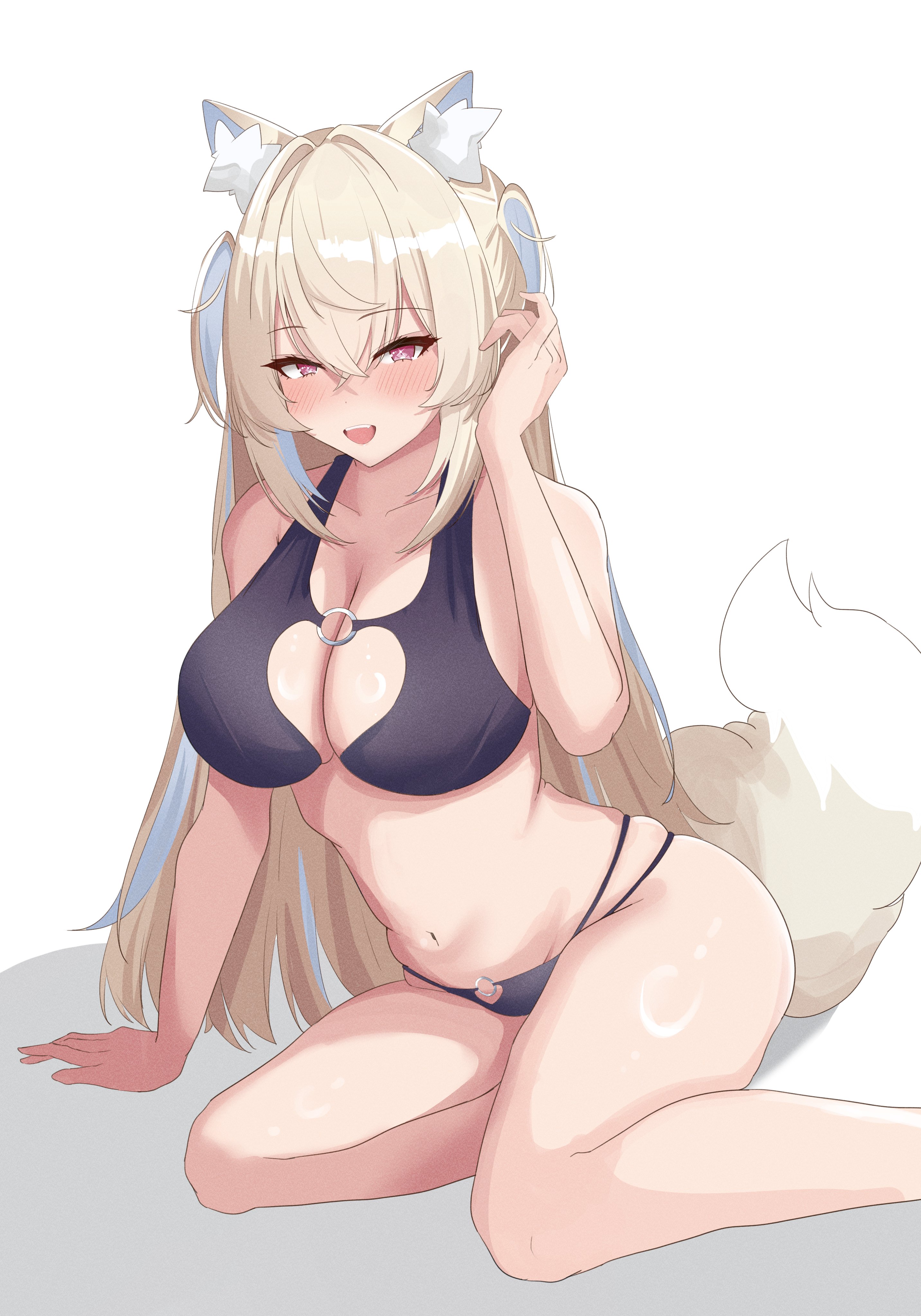 sasaki ikuya, fuwawa abyssgard, hololive, hololive english, absurdres, highres, 1girl, animal ear fluff, animal ears, bikini, black bikini, blonde hair, blue hair, breasts, cleavage, dog ears, dog girl, dog tail, large breasts, long hair, looking at viewer, multicolored hair, navel, pink eyes, smile, solo, streaked hair, swimsuit, tail, two side up, very long hair, virtual youtuber