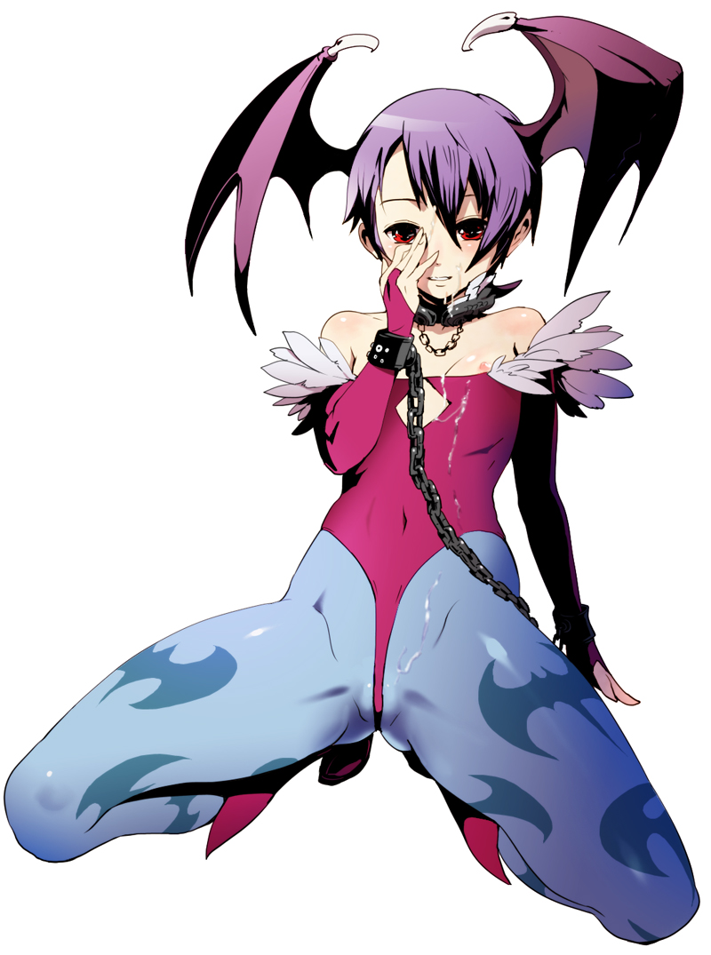 nagasawa shin, lilith (darkstalkers), capcom, darkstalkers, bad id, bad pixiv id, 1girl, arm support, bdsm, bondage, bound, chain, collar, cum, cum on clothes, demon girl, female focus, flat chest, head wings, kneeling, leotard, loli, nipple slip, nipples, pantyhose, purple hair, red eyes, red leotard, short hair, slave, solo, squatting, wings