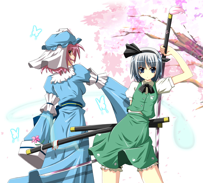 fumihiro, konpaku youmu, konpaku youmu (ghost), saigyouji yuyuko, touhou, silver hair, 2girls, blue eyes, cherry blossoms, female focus, flower, hairband, hitodama, katana, multiple girls, pink hair, red eyes, sword, weapon