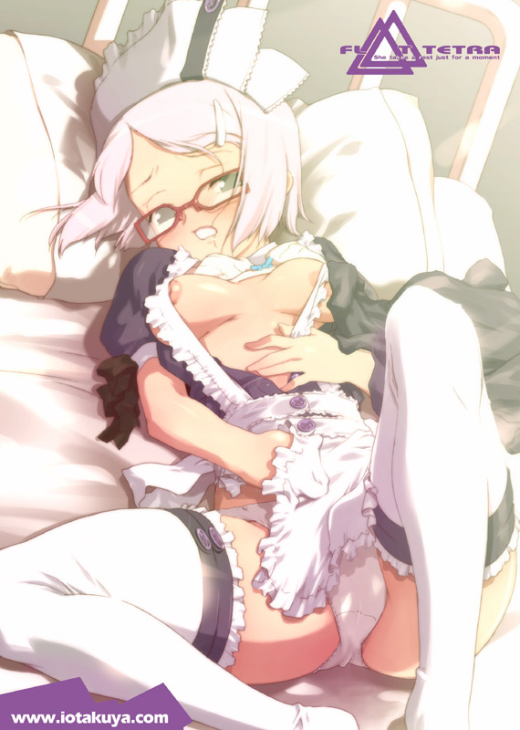 io takuya, original, 1girl, female focus, glasses, legs, maid, open clothes, open shirt, panties, shirt, solo, thighhighs, underwear, white thighhighs