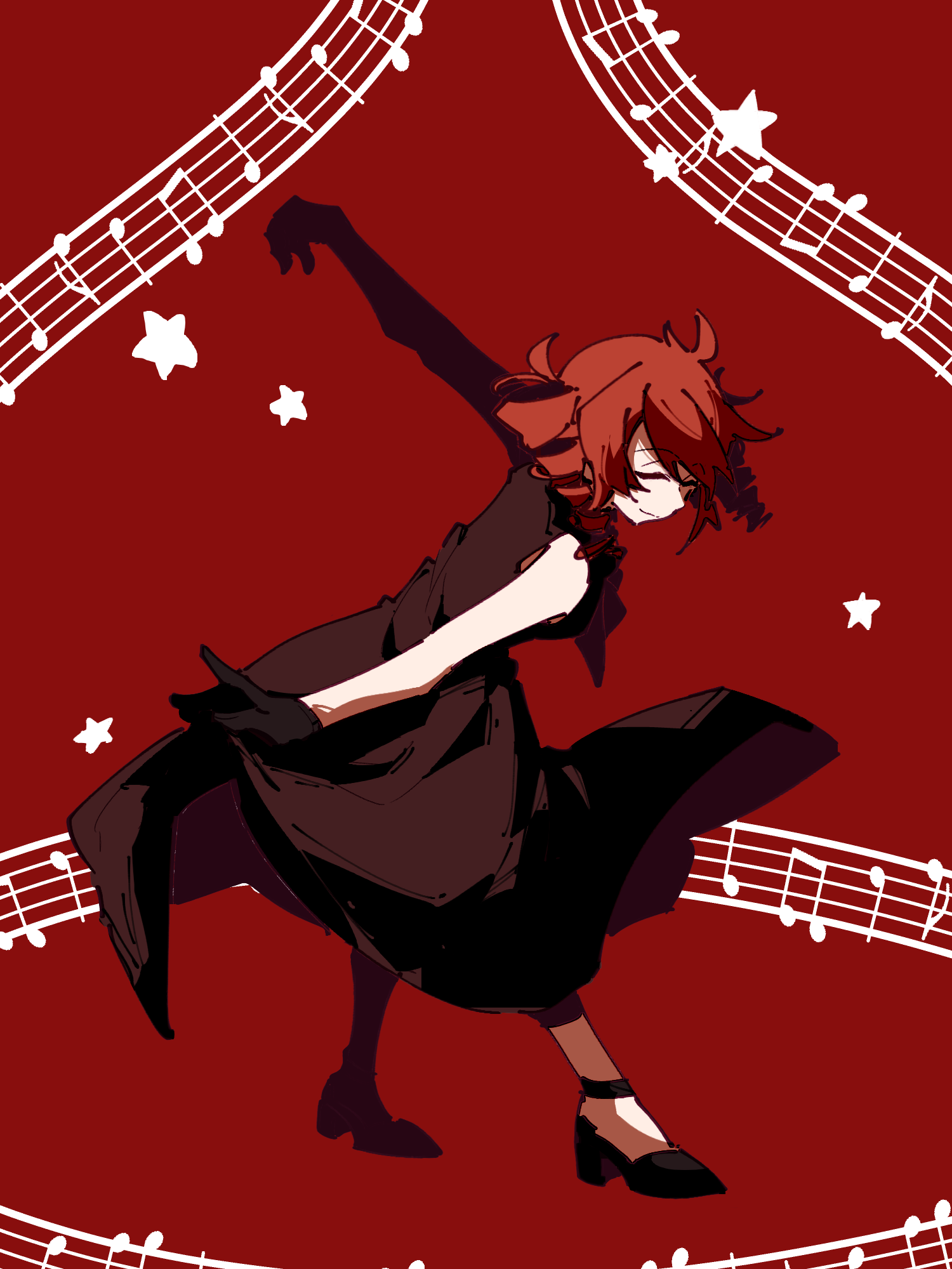 jiu (jiu076), kasane teto, kasane teto (sv), synthesizer v, utau, highres, 1girl, beamed eighth notes, black dress, black gloves, black shoes, closed eyes, closed mouth, dress, drill hair, eighth note, encore dance (synthesizer v), full body, gloves, musical note, musical staff, outstretched arms, red background, red hair, shoes, short hair, sleeveless, sleeveless dress, smile, solo, spread arms, standing, star (symbol), strappy heels, twin drills