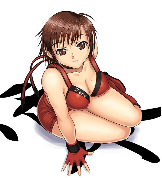 syunzou, hinomoto reiko, rumble roses, 1girl, boots, breasts, brown eyes, brown hair, cleavage, female focus, fingerless gloves, gloves, legs, medium breasts, mole, mole on breast, short hair, sitting, smile, solo