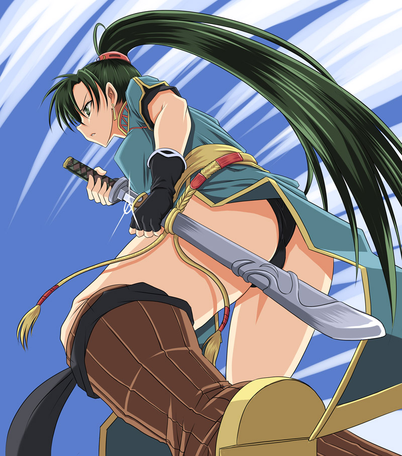 syunzou, lyn (fire emblem), fire emblem, fire emblem: the blazing blade, nintendo, 1girl, ass, black panties, female focus, from below, green eyes, green hair, high ponytail, long hair, matching hair/eyes, panties, pantyshot, ponytail, sheath, solo, sword, underwear, unsheathing, upskirt, weapon