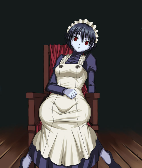 syunzou, mary (soul hackers), atlus, devil summoner: soul hackers, devil summoner (series), shin megami tensei, 1girl, black hair, blue skin, chair, colored skin, female focus, maid, red eyes, short hair, sitting, solo