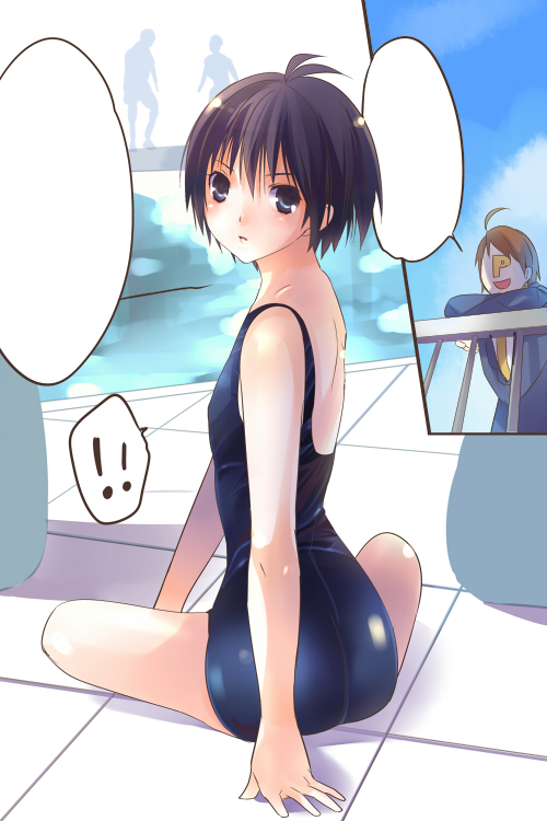 taira tsukune, kikuchi makoto, producer (idolmaster), idolmaster, idolmaster (classic), idolmaster 1, 00s, 1girl, antenna hair, one-piece swimsuit, school swimsuit, swimsuit