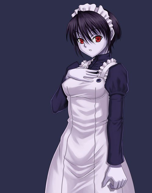 syunzou, mary (soul hackers), atlus, devil summoner: soul hackers, devil summoner (series), shin megami tensei, 1girl, black hair, blue skin, colored skin, female focus, hand on another's chest, hand on own chest, maid, pale skin, red eyes, short hair, solo