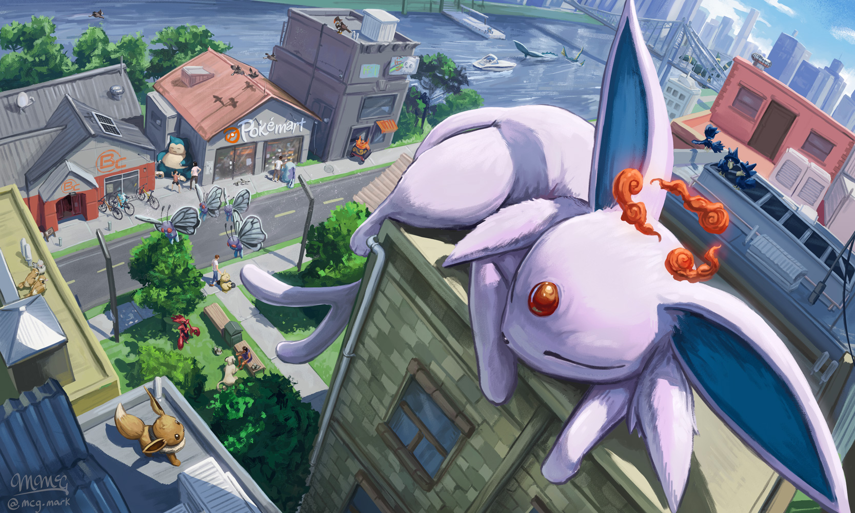 mcgmark, butterfree, cubchoo, eevee, emboar, espeon, makuhita, murkrow, persian (pokemon), pidgey, pidove, quagsire, scizor, snorlax, staraptor, starly, umbreon, vanillite, vaporeon, nintendo, pokemon, commentary, english commentary, highres, animal, bicycle, bird, blue sky, boat, bridge, building, city, closed eyes, cloud, day, dynamax, forehead jewel, forked tail, gen 1 pokemon, gen 2 pokemon, gen 3 pokemon, gen 4 pokemon, gen 5 pokemon, grass, lamppost, on rooftop, oversized animal, poke mart, pokemon (creature), pokemon focus, red clouds, road, sidewalk, sign, sky, sleeping, street, tail, tree, water, watercraft, window