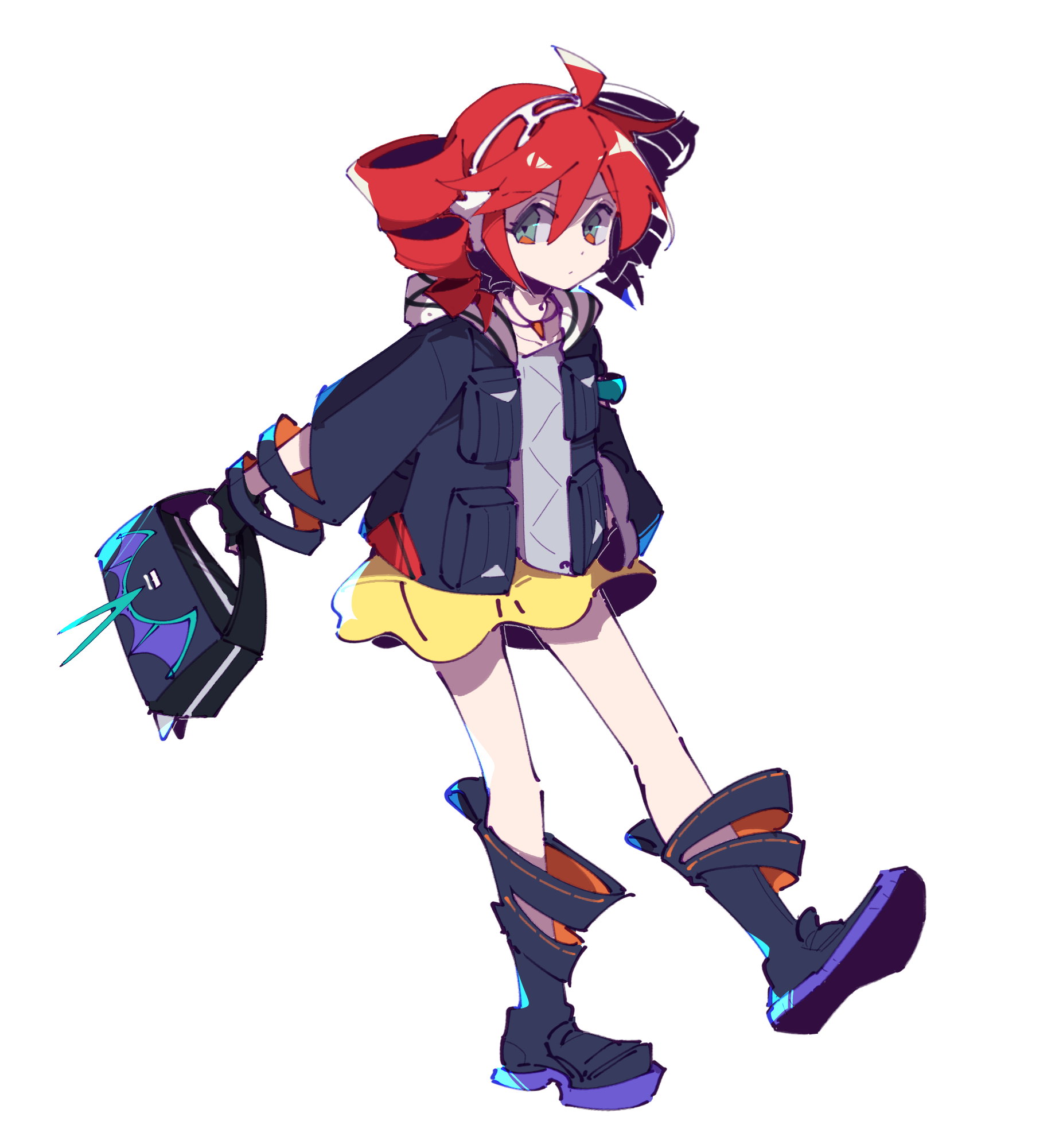 jiu (jiu076), kasane teto, rival teto (project voltage), nintendo, pokemon, project voltage, utau, vocaloid, highres, 1girl, ahoge, aqua eyes, bag, black boots, black gloves, black jacket, boots, closed mouth, dot nose, drill hair, earmuffs, gloves, hair between eyes, holding, holding bag, jacket, jewelry, long sleeves, looking to the side, miniskirt, necklace, open clothes, open jacket, short hair, simple background, skirt, solo, twin drills, walking, white background, yellow skirt