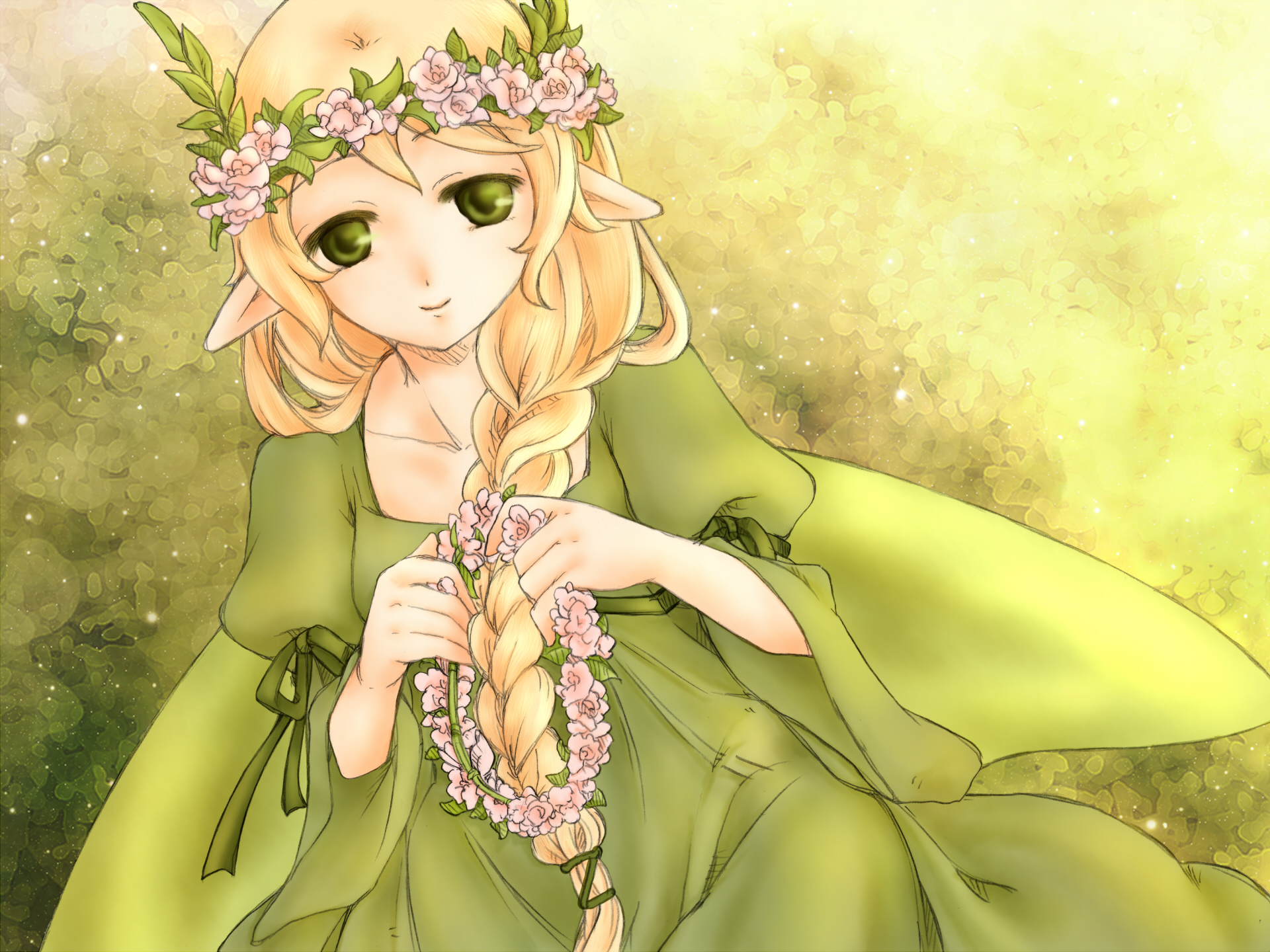 mavka, ragnarok online, commentary request, highres, 1girl, aries end, blonde hair, braid, closed mouth, cowboy shot, dress, flower, green background, green dress, green eyes, green wings, head wreath, juliet sleeves, laurel crown, long hair, long sleeves, looking at viewer, pink flower, pointy ears, puffy sleeves, side braid, single braid, sitting, smile, solo, wings