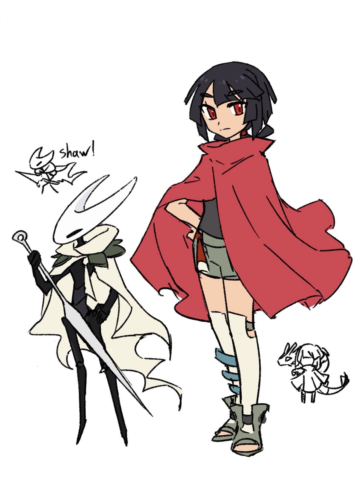 xlii idk, hornet (hollow knight), zinnia (pokemon), hollow knight, hollow knight: silksong, nintendo, pokemon, pokemon oras, chinese commentary, commentary request, highres, 2girls, black hair, cloak, closed mouth, crossover, hand on own hip, holding, holding weapon, multiple girls, open-toe shoes, red cloak, red eyes, shirt, shoes, shorts, simple background, split mouth, standing, thighhighs, weapon, white background