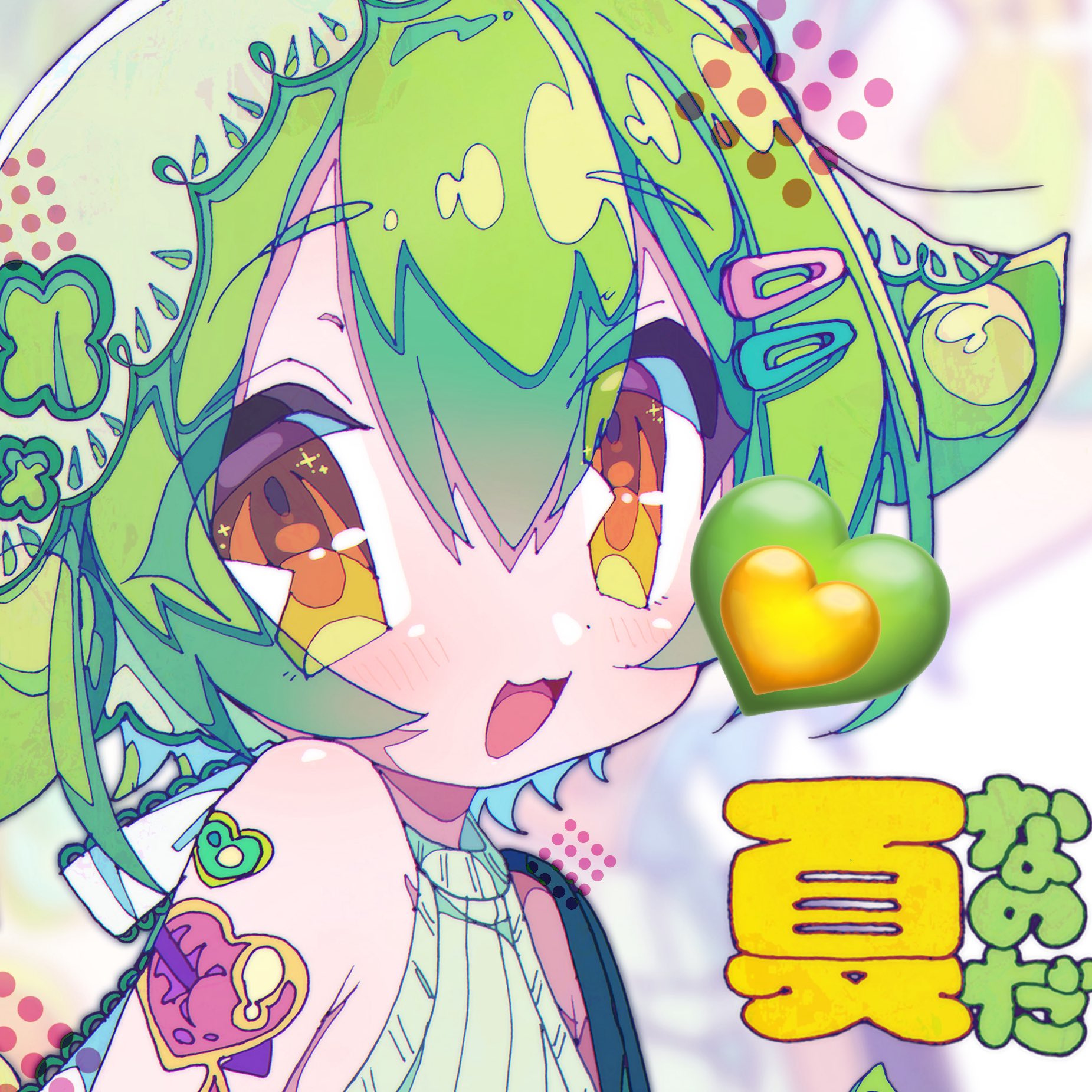 mekziro, zundamon, original, voiceroid, voicevox, highres, 1girl, alternate costume, bare shoulders, green hair, hair ornament, hairclip, heart, looking at viewer, portrait, sleeveless, smile, solo, yellow eyes