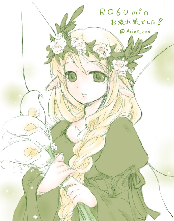 mavka, ragnarok online, commentary request, translation request, 1girl, aries end, blonde hair, breasts, calla lily, closed mouth, dress, flower, green dress, green eyes, head wreath, juliet sleeves, long hair, long sleeves, looking at viewer, medium breasts, one hour one life, pointy ears, puffy sleeves, smile, solo, twitter username, upper body, white wings, wings