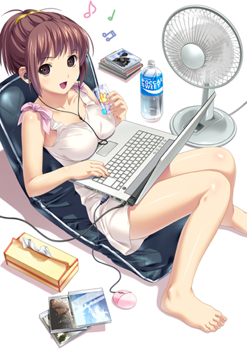 koutaro, original, pocari sweat, lowres, 1girl, :d, ahoge, barefoot, blush, body blush, bottle, bow, brand name imitation, breast rest, breasts, brown eyes, brown hair, cable, cd case, chair, computer, computer keyboard, computer mouse, dress, earbuds, earphones, electric fan, feet, female focus, from side, holding, knees together feet apart, laptop, looking at viewer, medium breasts, musical note, open mouth, ponytail, quaver, reclining, scrunchie, shadow, short dress, short hair, sitting, skirt, sleeveless, smile, solo, tissue, tissue box, toenails, toes, water bottle, white background, white skirt