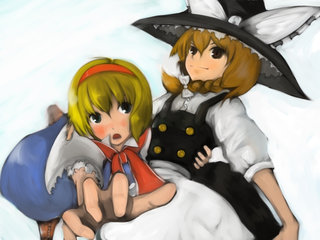 inoe, inoe (noie), alice margatroid, kirisame marisa, touhou, bad id, bad pixiv id, 2girls, blonde hair, blush, braid, female focus, hairband, hat, multiple girls, witch, witch hat